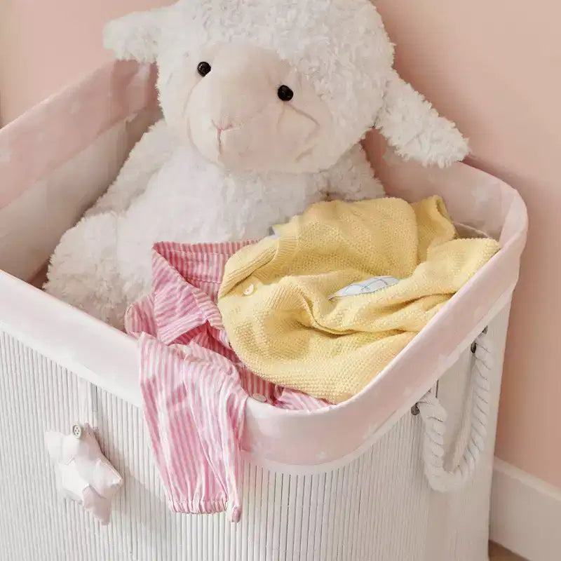 Cesto Portabiancheria Pieghevole per Bambini Danya B. in Bambù, Portaoggetti Giocattoli con Manici, Orsetto Rosa e Crema