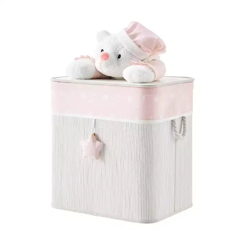 Cesto Portabiancheria Pieghevole per Bambini Danya B. in Bambù, Portaoggetti Giocattoli con Manici, Orsetto Rosa e Crema