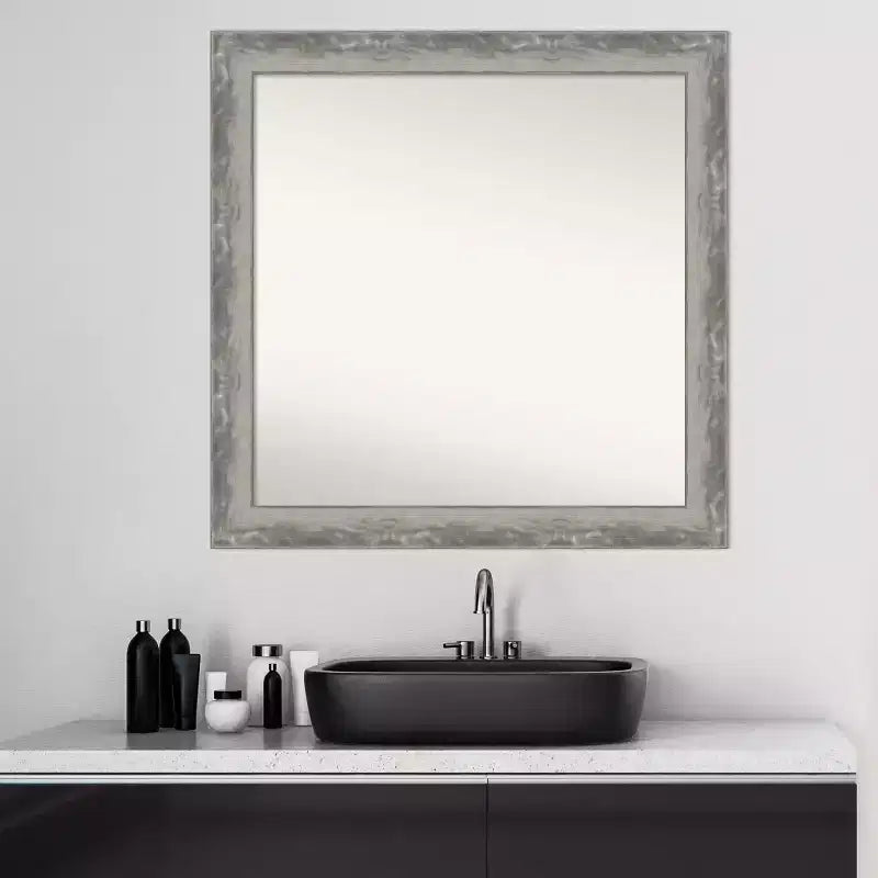 Specchio da parete per bagno stretto Amanti Art Waveline Silver non smussato da 31" x 31" - Amanti Art: specchio da trucco quadrato moderno con cornice in polistirolo