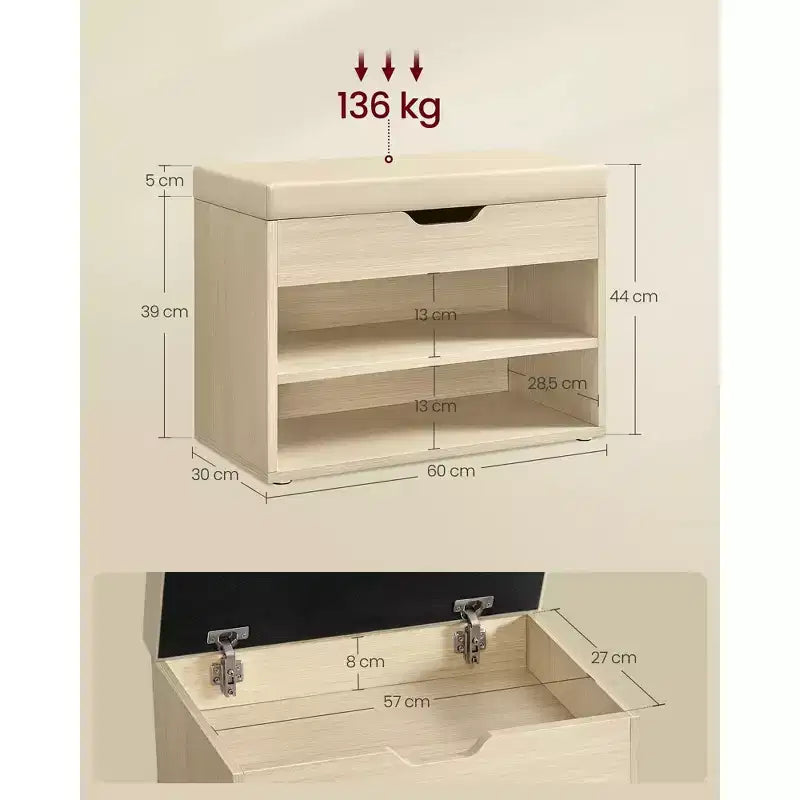 Panca portascarpe con seduta imbottita e 3 vani portaoggetti, robusto organizzatore per ingresso, 11,8 x 23,6 x 17,3 pollici