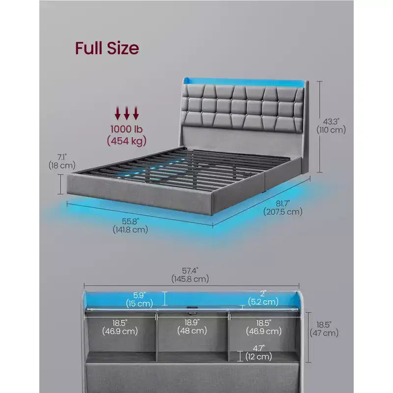 Struttura Letto Matrimoniale Full Size Fluttuante con Luci LED, Struttura Letto Matrimoniale Full Size con Stazione di Ricarica, Testiera Contenitore Trapuntata, Struttura Letto Imbottita