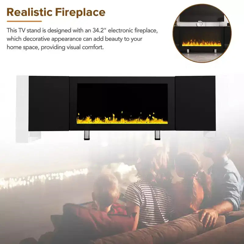 Mobile TV moderno Whisen adatto a televisori fino a 78 pollici con aspetto camino elettrico non riscaldante e 2 armadietti