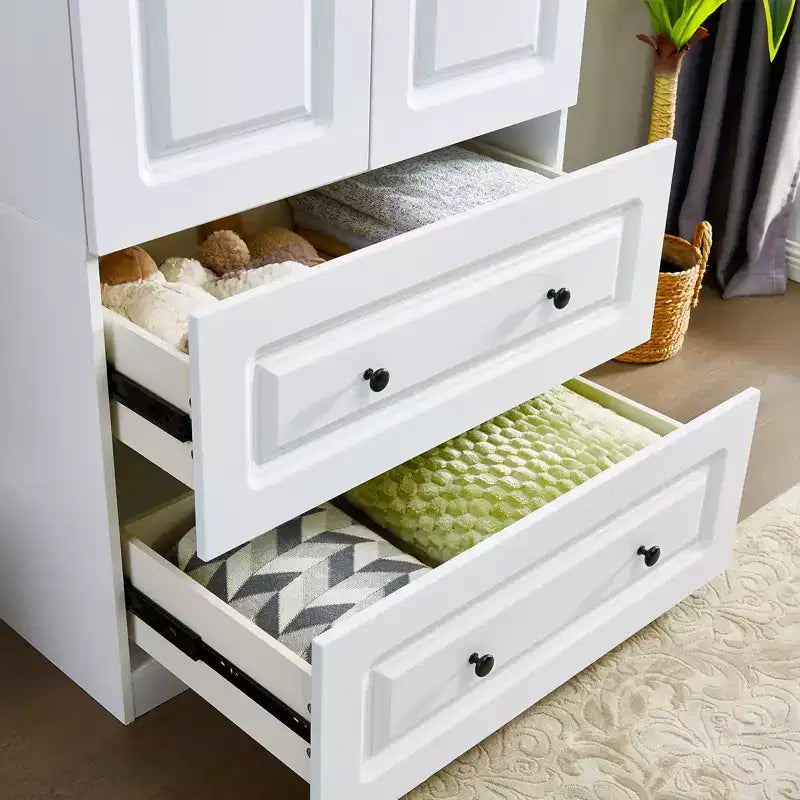 Armadio Keloyid in legno bianco da 80 cm con 2 cassetti, 1 ripiano e binari appendiabiti