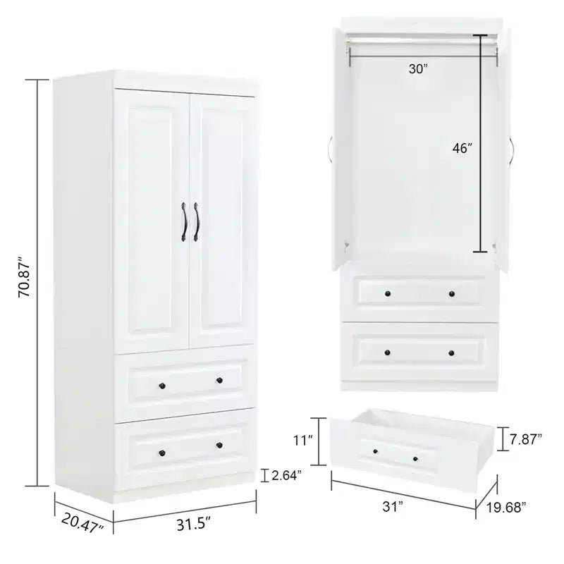 Armadio Keloyid in legno bianco da 80 cm con 2 cassetti, 1 ripiano e binari appendiabiti