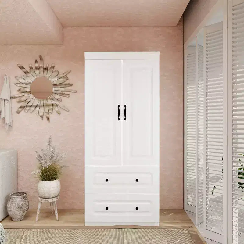 Armadio Keloyid in legno bianco da 80 cm con 2 cassetti, 1 ripiano e binari appendiabiti