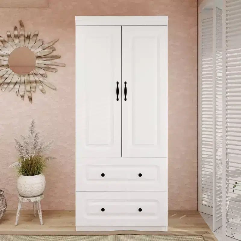 Armadio Keloyid in legno bianco da 80 cm con 2 cassetti, 1 ripiano e binari appendiabiti
