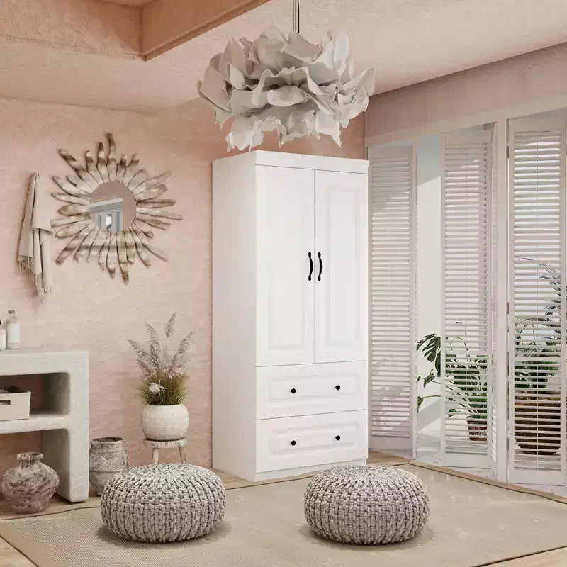 Armadio Keloyid in legno bianco da 80 cm con 2 cassetti, 1 ripiano e binari appendiabiti