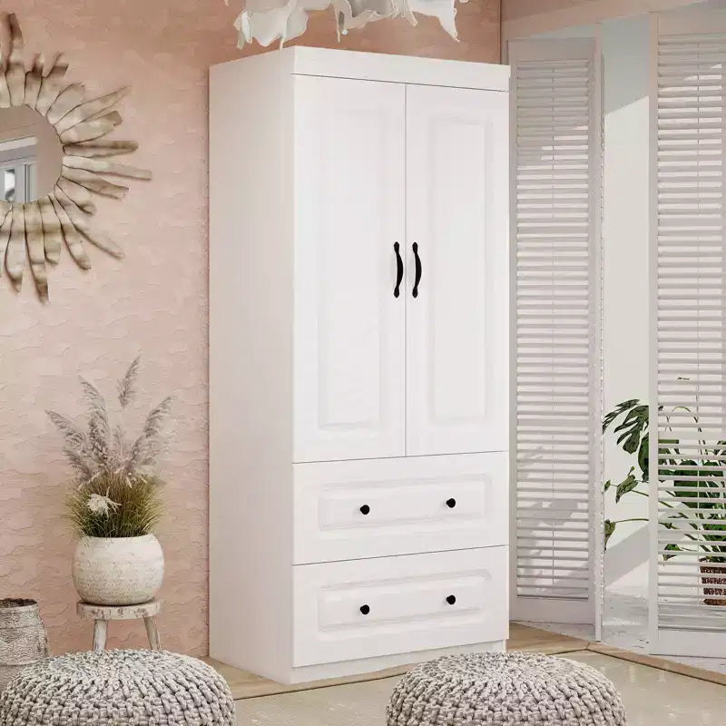 Armadio Keloyid in legno bianco da 80 cm con 2 cassetti, 1 ripiano e binari appendiabiti