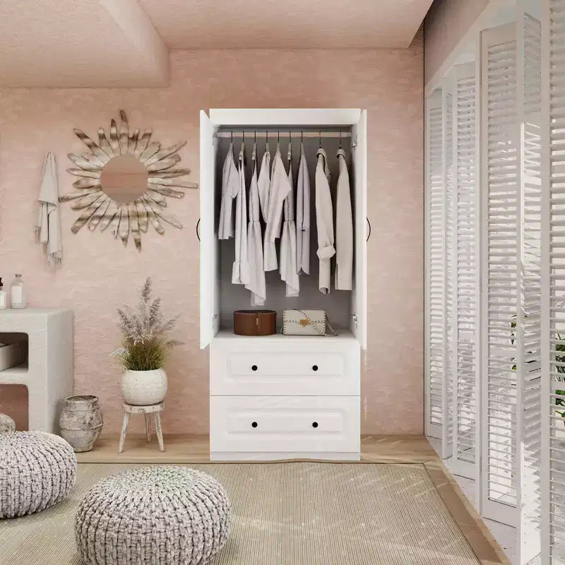 Armadio Keloyid in legno bianco da 80 cm con 2 cassetti, 1 ripiano e binari appendiabiti
