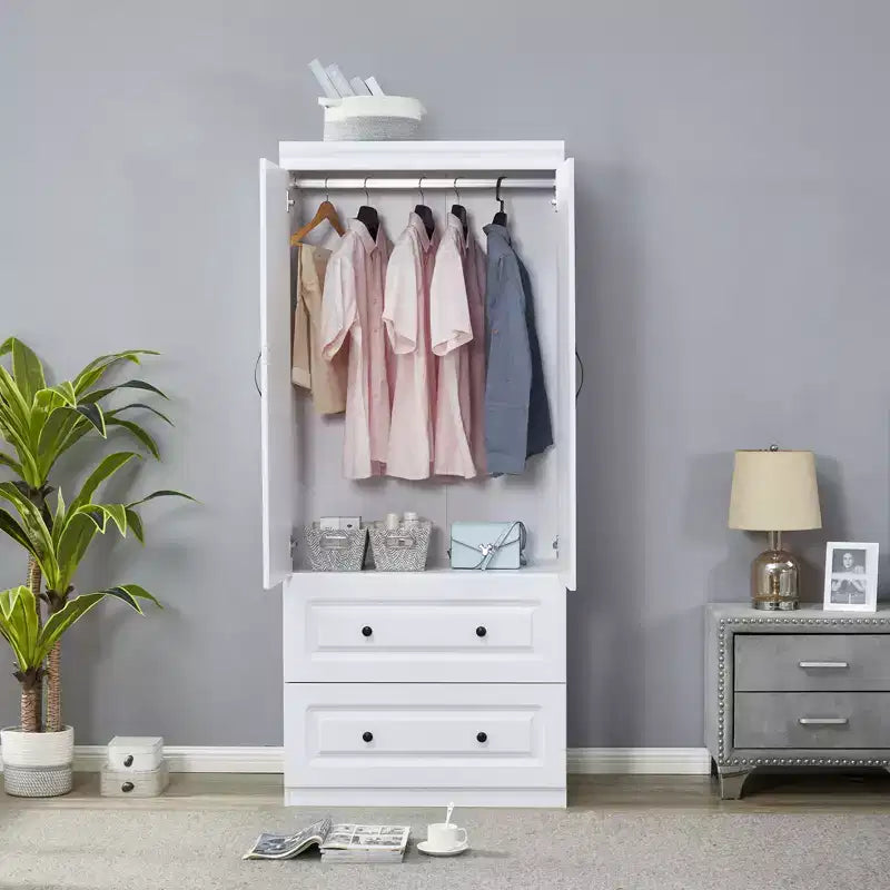 Armadio Keloyid in legno bianco da 80 cm con 2 cassetti, 1 ripiano e binari appendiabiti