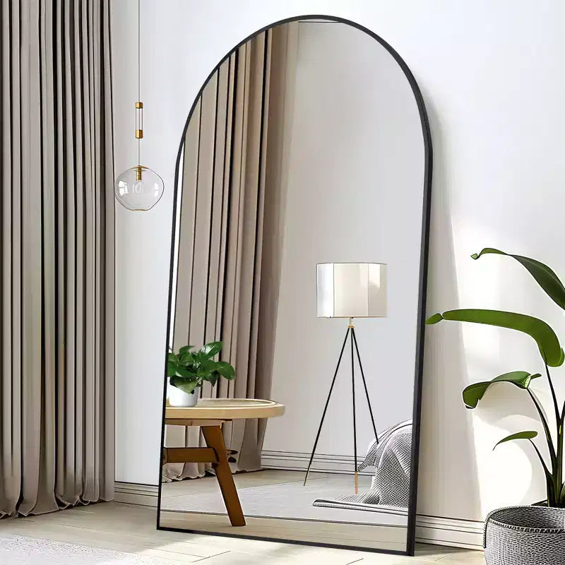 PexFix Specchio da terra ad arco a figura intera, 99 cm L. x 180 cm H, con cornice in metallo, grande, da parete, colore nero