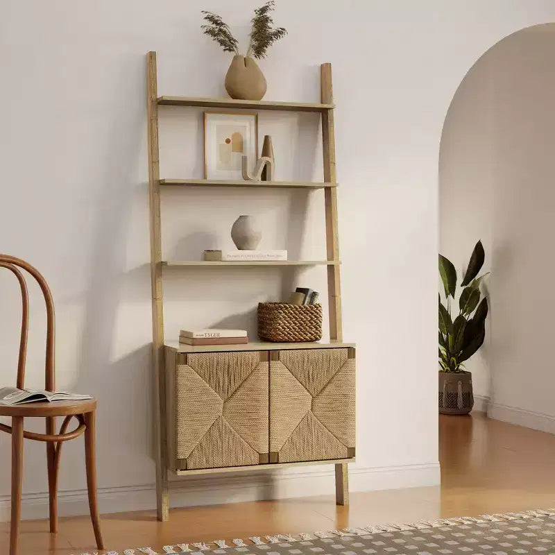 LuxenHome Libreria a scala alta 180 cm con armadietto, scaffale a 4 ripiani con ante a 2 ante per soggiorno, ufficio, camera da letto marrone