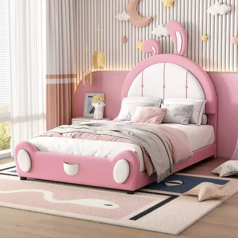 Letto a piattaforma imbottito Whisen Twin Size con testiera a forma di coniglio