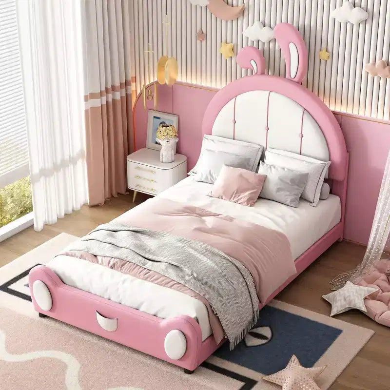 Letto a piattaforma imbottito Whisen Twin Size con testiera a forma di coniglio