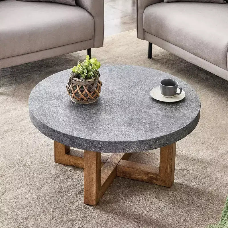 MAYEERTY 31.4 Tavolino da caffè rotondo in MDF con texture moderna, Tavolo rustico per soggiorno, Grigio