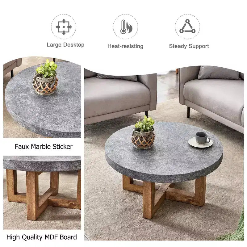 MAYEERTY 31.4 Tavolino da caffè rotondo in MDF con texture moderna, Tavolo rustico per soggiorno, Grigio