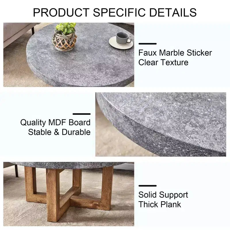 MAYEERTY 31.4 Tavolino da caffè rotondo in MDF con texture moderna, Tavolo rustico per soggiorno, Grigio