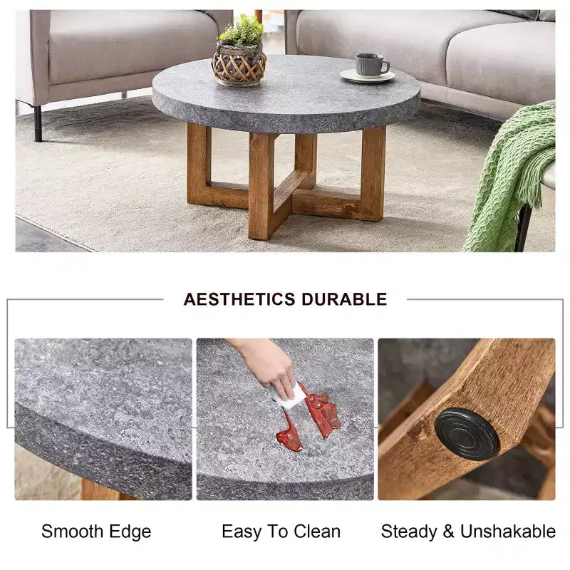 MAYEERTY 31.4 Tavolino da caffè rotondo in MDF con texture moderna, Tavolo rustico per soggiorno, Grigio