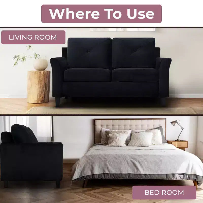 Divanetto Home Imports Emporium nero con bottoni capitonné, divano economico in microfibra per piccoli spazi, mobile moderno e durevole per soggiorno
