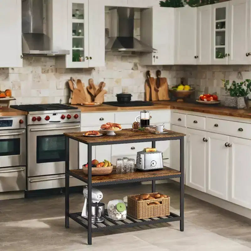 Isola da Cucina Stile Industriale con Ampio Piano di Lavoro e Ripiani Portaoggetti a 3 Livelli - Facile da Montare, Design Versatile