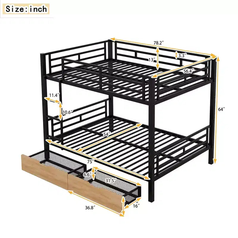 Whisen Letto a castello convertibile full size in metallo con 2 cassetti e scaletta - Nero