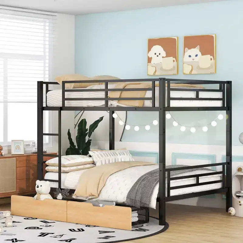 Whisen Letto a castello convertibile full size in metallo con 2 cassetti e scaletta - Nero