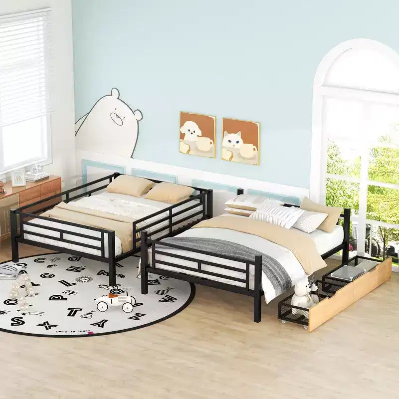 Whisen Letto a castello convertibile full size in metallo con 2 cassetti e scaletta - Nero