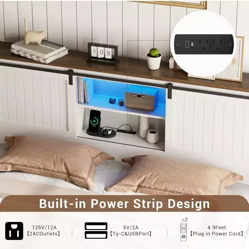 Telaio letto Garvee con LED e stazione di ricarica, letto a piattaforma con testiera a libreria e contenitore, porta scorrevole a fienile, nessuna necessità di box spring (Noce+Bianco)
