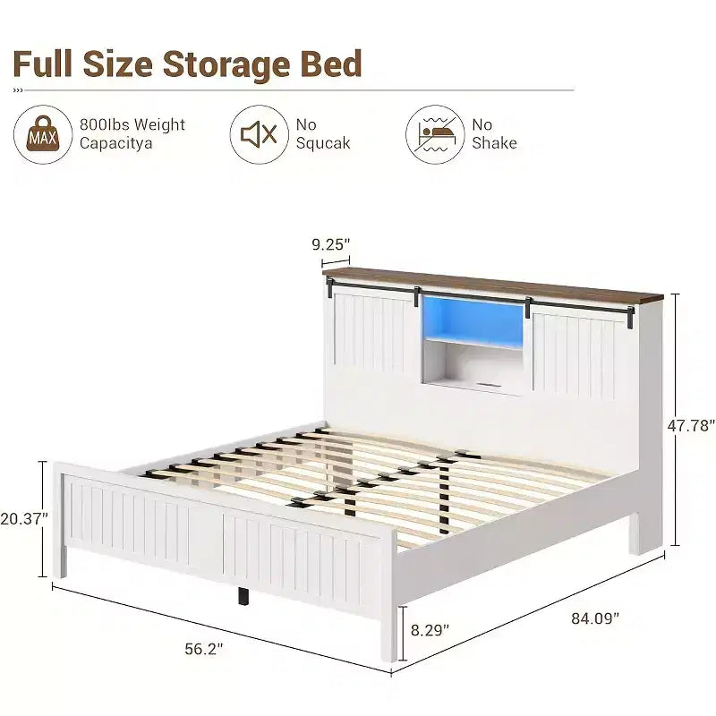 Telaio letto Garvee con LED e stazione di ricarica, letto a piattaforma con testiera a libreria e contenitore, porta scorrevole a fienile, nessuna necessità di box spring (Noce+Bianco)