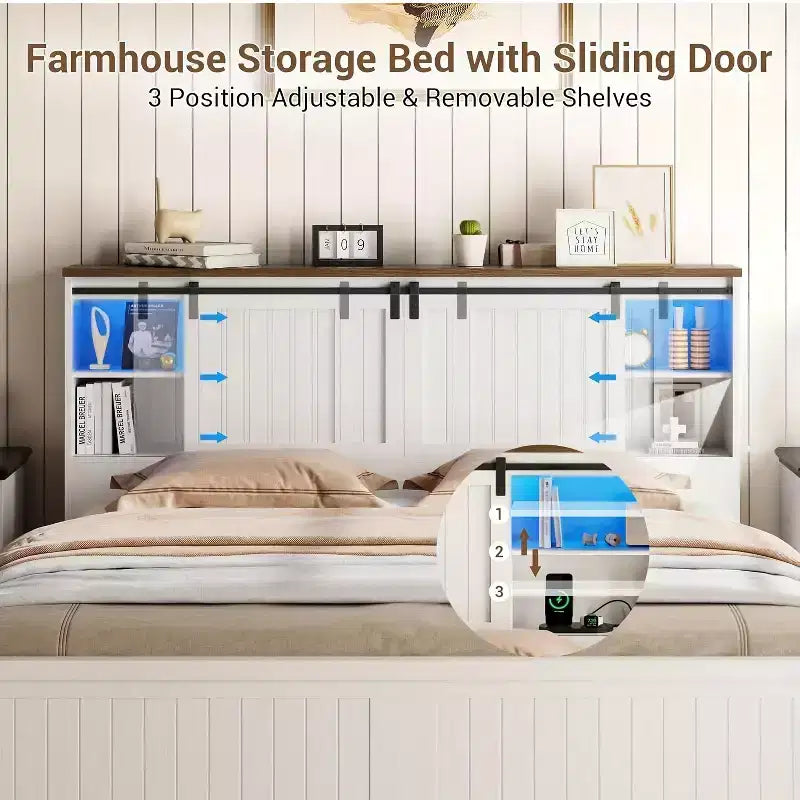 Telaio letto Garvee con LED e stazione di ricarica, letto a piattaforma con testiera a libreria e contenitore, porta scorrevole a fienile, nessuna necessità di box spring (Noce+Bianco)