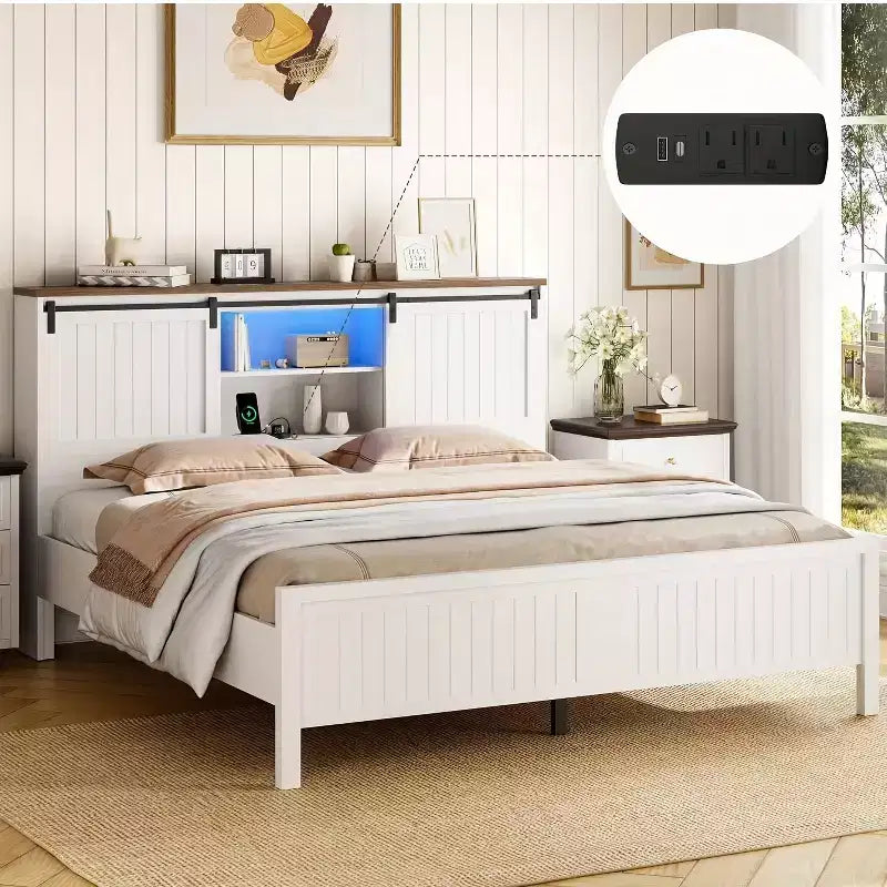 Telaio letto Garvee con LED e stazione di ricarica, letto a piattaforma con testiera a libreria e contenitore, porta scorrevole a fienile, nessuna necessità di box spring (Noce+Bianco)