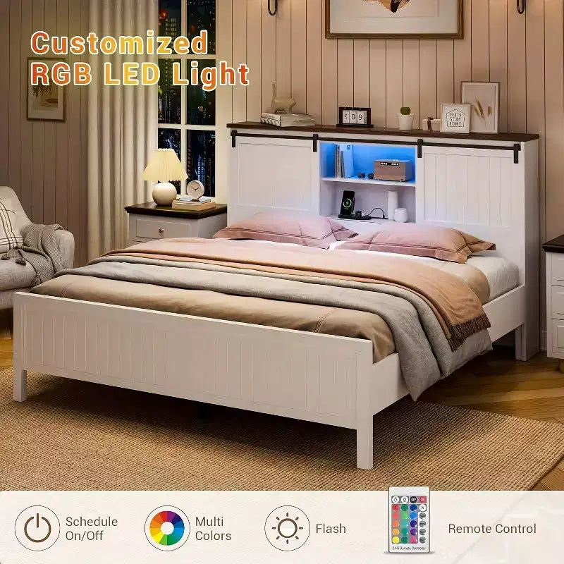 Telaio letto Garvee con LED e stazione di ricarica, letto a piattaforma con testiera a libreria e contenitore, porta scorrevole a fienile, nessuna necessità di box spring (Noce+Bianco)
