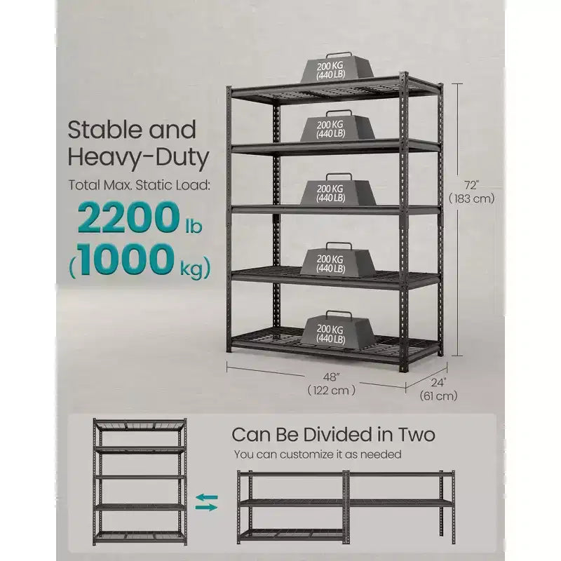 SONGMICS Scaffale a 5 Ripiani, Scaffale da Garage Resistente, Scaffale Regolabile, Scaffale in Acciaio, Carico di 1000 kg, 60 x 120 x 180 cm, Nero Inchiostro