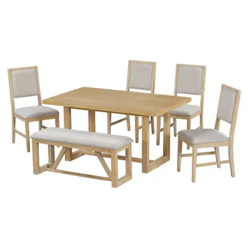 Set da pranzo retrò da 6 pezzi, 1 tavolo rettangolare con base a cavalletto di design, 4 sedie imbottite e 1 panca per sala da pranzo e cucina