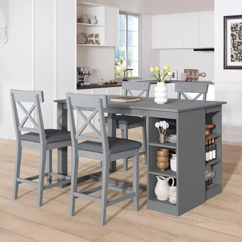 5 Piece Farmhouse Counter Height Dining Table Set Dining Set with 4 Upholstered Dining Chairs and 3-Tier Storage Shelves,Gray/Natural+White-ModernLuxe