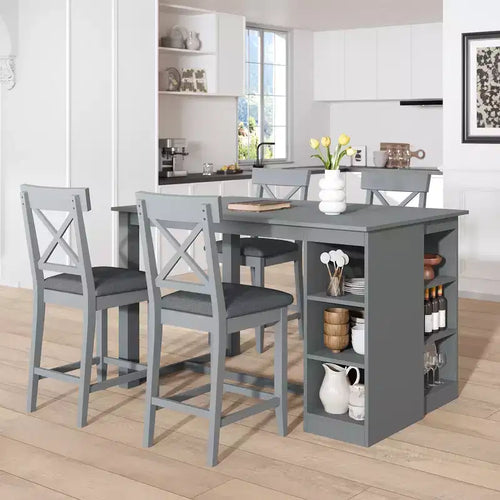 5 Piece Farmhouse Counter Height Dining Table Set Dining Set with 4 Upholstered Dining Chairs and 3-Tier Storage Shelves,Gray/Natural+White-ModernLuxe