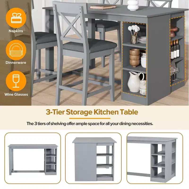 Set da pranzo da 5 pezzi in stile rustico con tavolo ad altezza bancone e 4 sedie da pranzo imbottite e ripiani portaoggetti a 3 livelli, Grigio/Naturale+Bianco-ModernLuxe