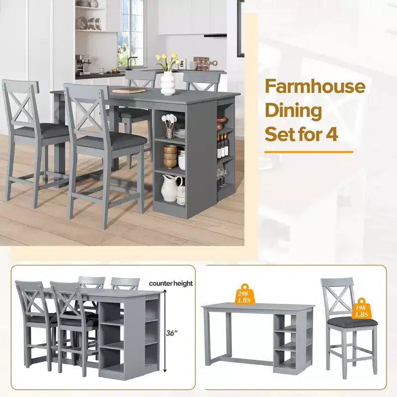 Set da pranzo da 5 pezzi in stile rustico con tavolo ad altezza bancone e 4 sedie da pranzo imbottite e ripiani portaoggetti a 3 livelli, Grigio/Naturale+Bianco-ModernLuxe
