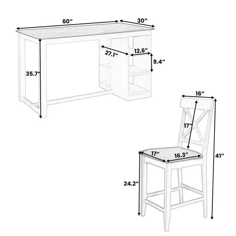 Set da pranzo da 5 pezzi in stile rustico con tavolo ad altezza bancone e 4 sedie da pranzo imbottite e ripiani portaoggetti a 3 livelli, Grigio/Naturale+Bianco-ModernLuxe