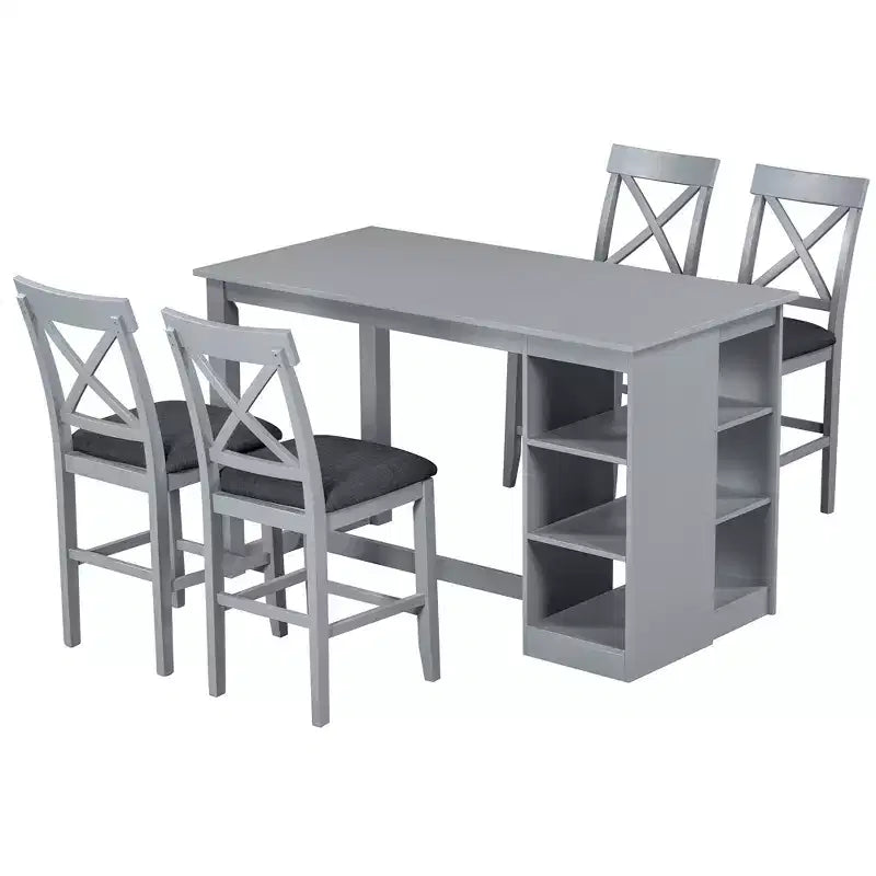 Set da pranzo da 5 pezzi in stile rustico con tavolo ad altezza bancone e 4 sedie da pranzo imbottite e ripiani portaoggetti a 3 livelli, Grigio/Naturale+Bianco-ModernLuxe