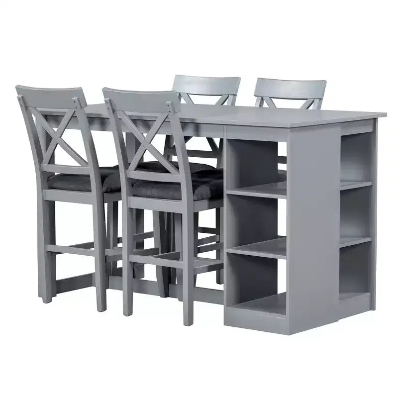 Set da pranzo da 5 pezzi in stile rustico con tavolo ad altezza bancone e 4 sedie da pranzo imbottite e ripiani portaoggetti a 3 livelli, Grigio/Naturale+Bianco-ModernLuxe