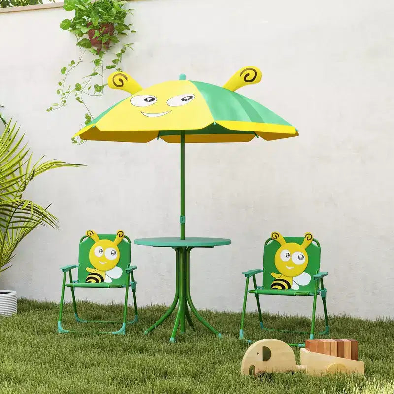 Qaba Tavolo da Picnic e Sedie per Bambini, Set da Esterno con 2 Sedie Pieghevoli, Ombrellone Rimovibile, per Giardino e Cortile