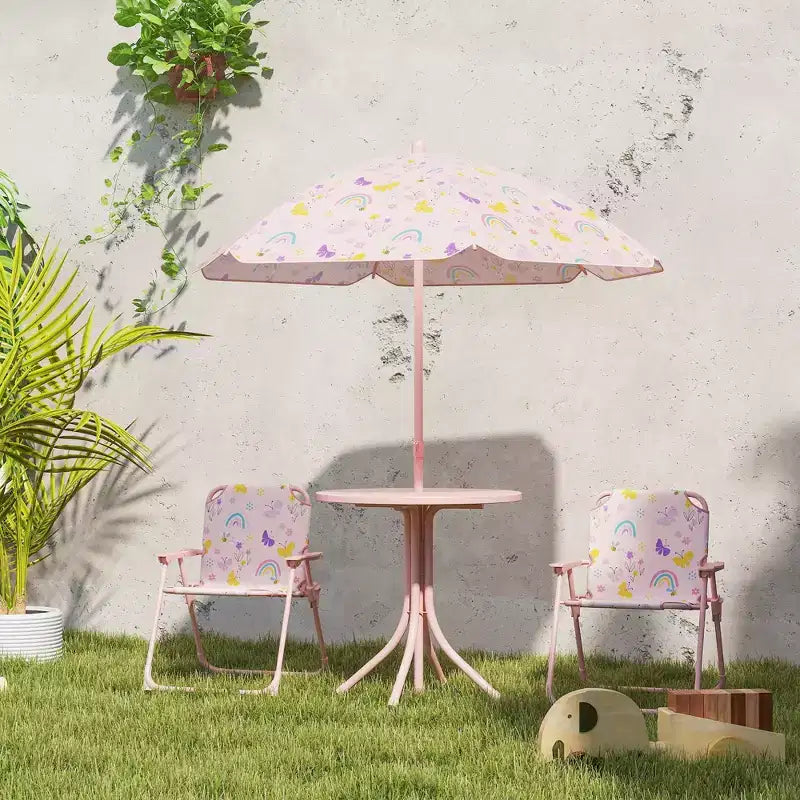 Qaba Tavolo da Picnic e Sedie per Bambini, Set da Esterno con 2 Sedie Pieghevoli, Ombrellone Rimovibile, per Giardino e Cortile