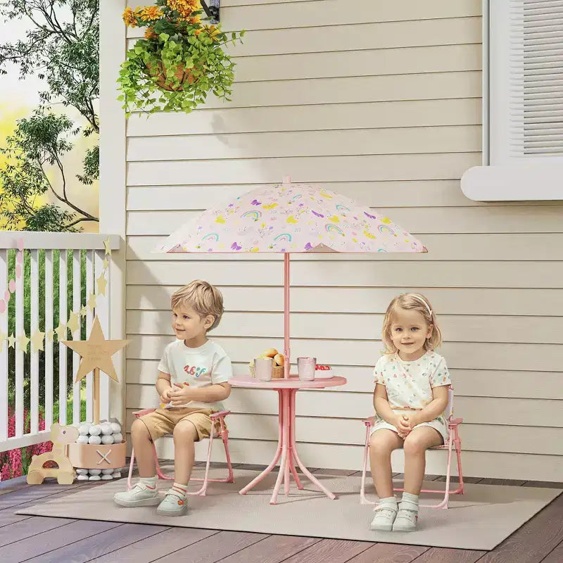 Qaba Tavolo da Picnic e Sedie per Bambini, Set da Esterno con 2 Sedie Pieghevoli, Ombrellone Rimovibile, per Giardino e Cortile