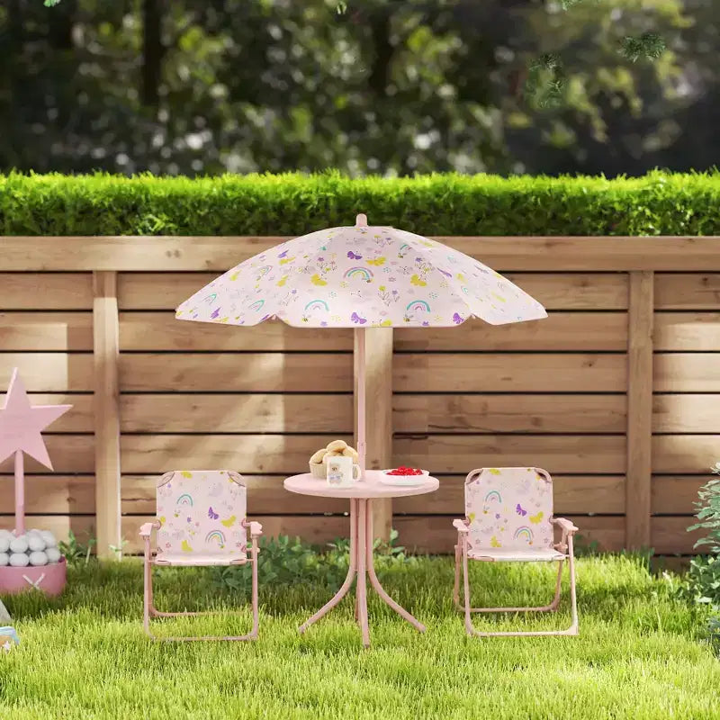 Qaba Tavolo da Picnic e Sedie per Bambini, Set da Esterno con 2 Sedie Pieghevoli, Ombrellone Rimovibile, per Giardino e Cortile