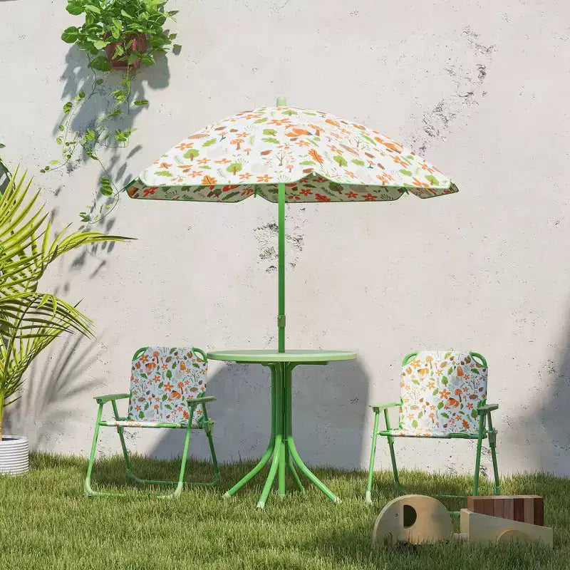 Qaba Tavolo da Picnic e Sedie per Bambini, Set da Esterno con 2 Sedie Pieghevoli, Ombrellone Rimovibile, per Giardino e Cortile