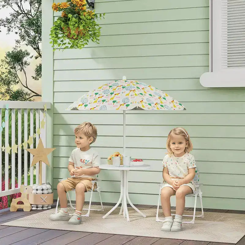 Qaba Tavolo da Picnic e Sedie per Bambini, Set da Esterno con 2 Sedie Pieghevoli, Ombrellone Rimovibile, per Giardino e Cortile