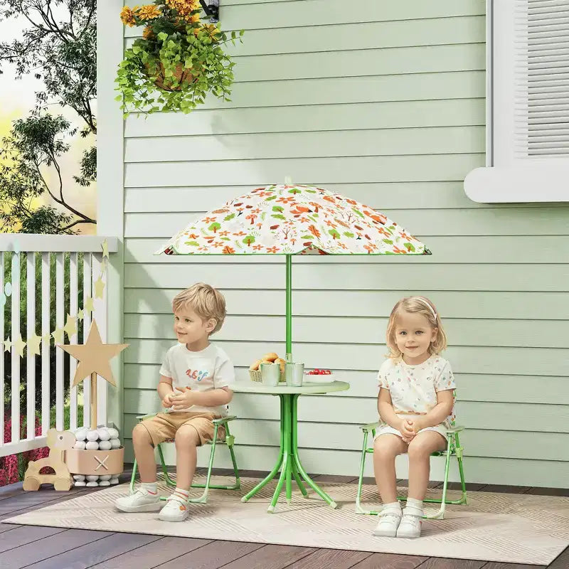 Qaba Tavolo da Picnic e Sedie per Bambini, Set da Esterno con 2 Sedie Pieghevoli, Ombrellone Rimovibile, per Giardino e Cortile