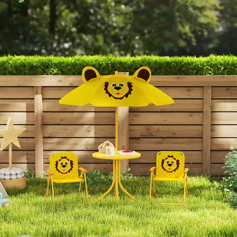Qaba Tavolo da Picnic e Sedie per Bambini, Set da Esterno con 2 Sedie Pieghevoli, Ombrellone Rimovibile, per Giardino e Cortile