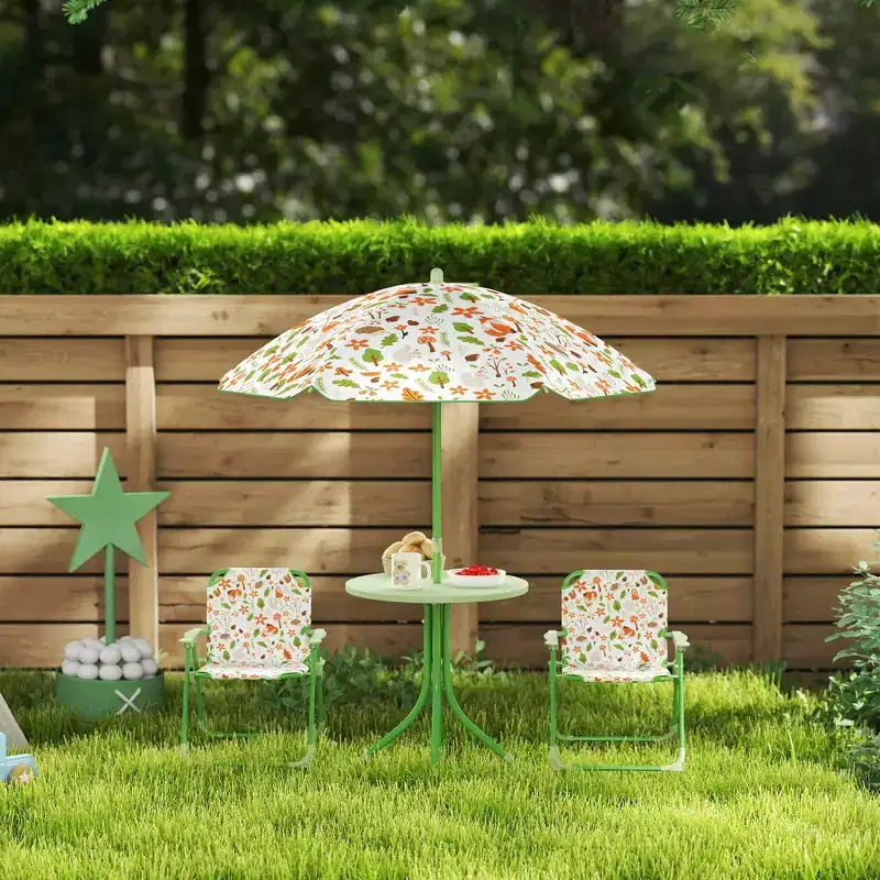 Qaba Tavolo da Picnic e Sedie per Bambini, Set da Esterno con 2 Sedie Pieghevoli, Ombrellone Rimovibile, per Giardino e Cortile